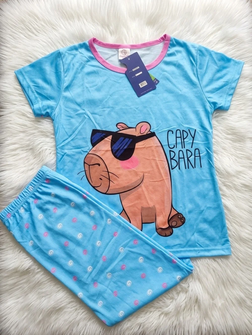 Light Blue Capybara Kids Pajama Set with Pink Trim